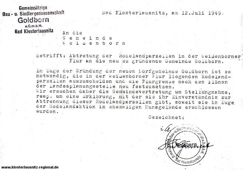 Schriftverkehr zum "Goldborn" vom 12.07.1949 